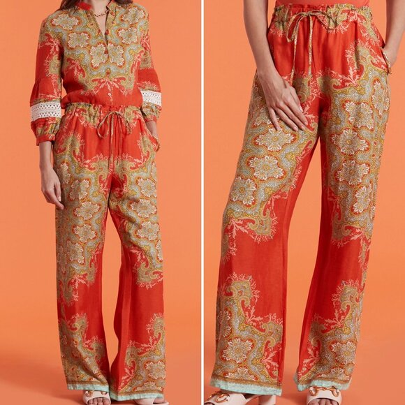 Tyler Boe 2pc Paisley Medallion Palmer Wide Leg Linen Pants Rebecca Top XS S red - Picture 1 of 8